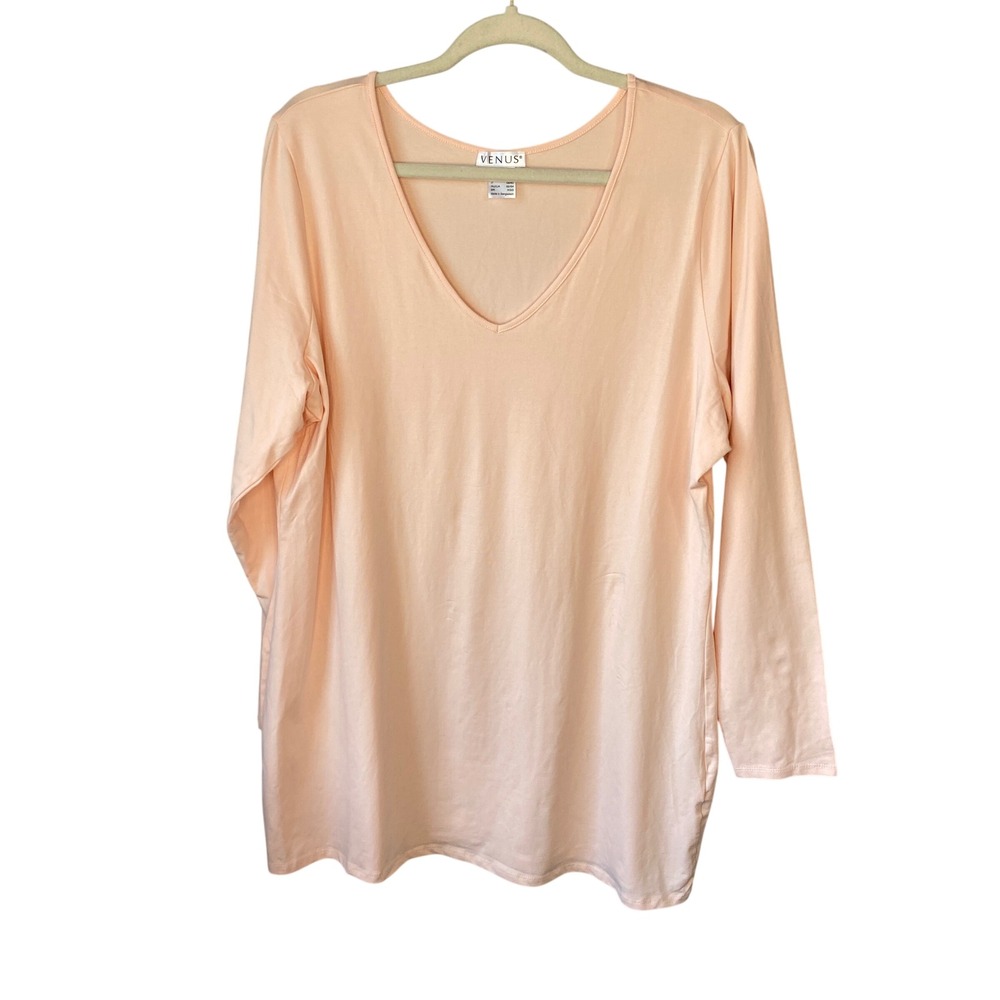 Venus Womens Peach V-Neck Long Sleeve Knit‎ Top Plus Size 1X Relaxed Fit